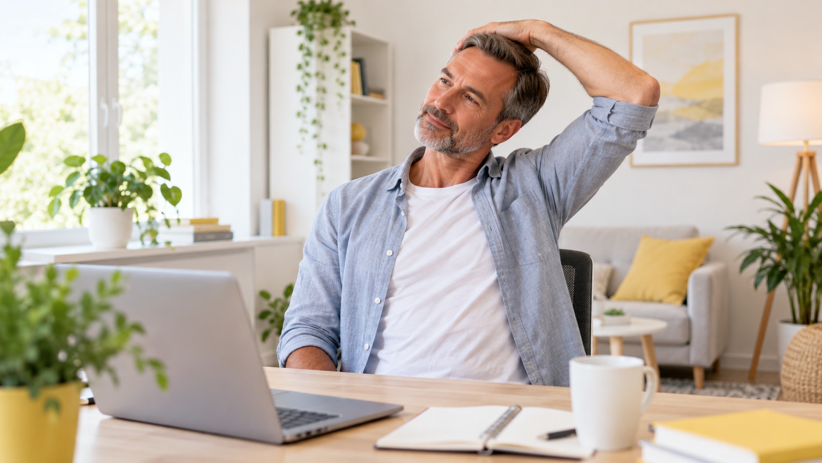 Man reading practical lifestyle information at home