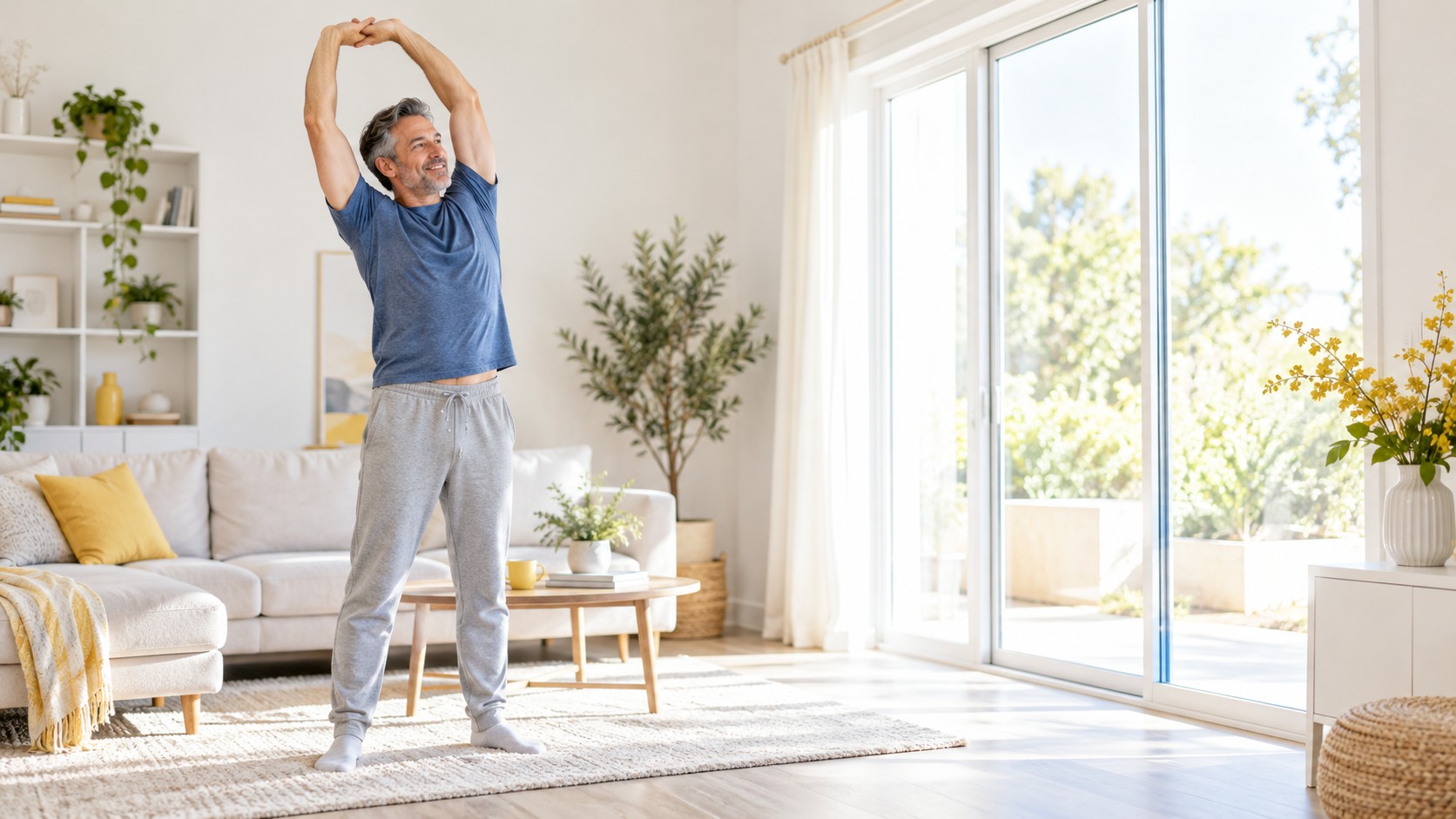 Man following a morning stretching routine
